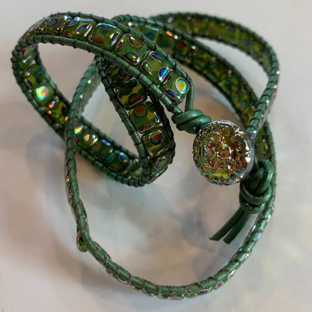 Bespoke Glass Leather Bead Cuff Bracelet - Gold & Green Aura Finish - Handmade - Picture 4 of 7